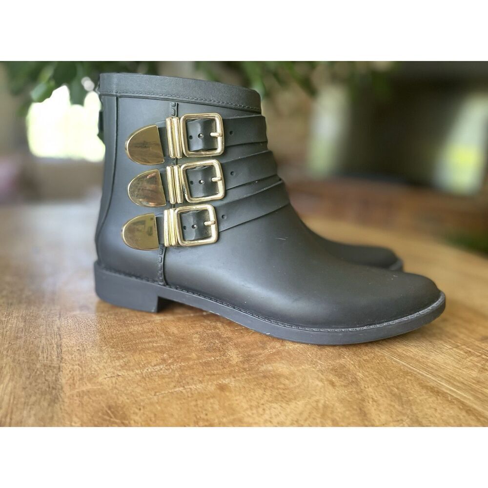 Loeffler Randall Black Rubber Rain Boots Gold Buckle Ankle Size 5